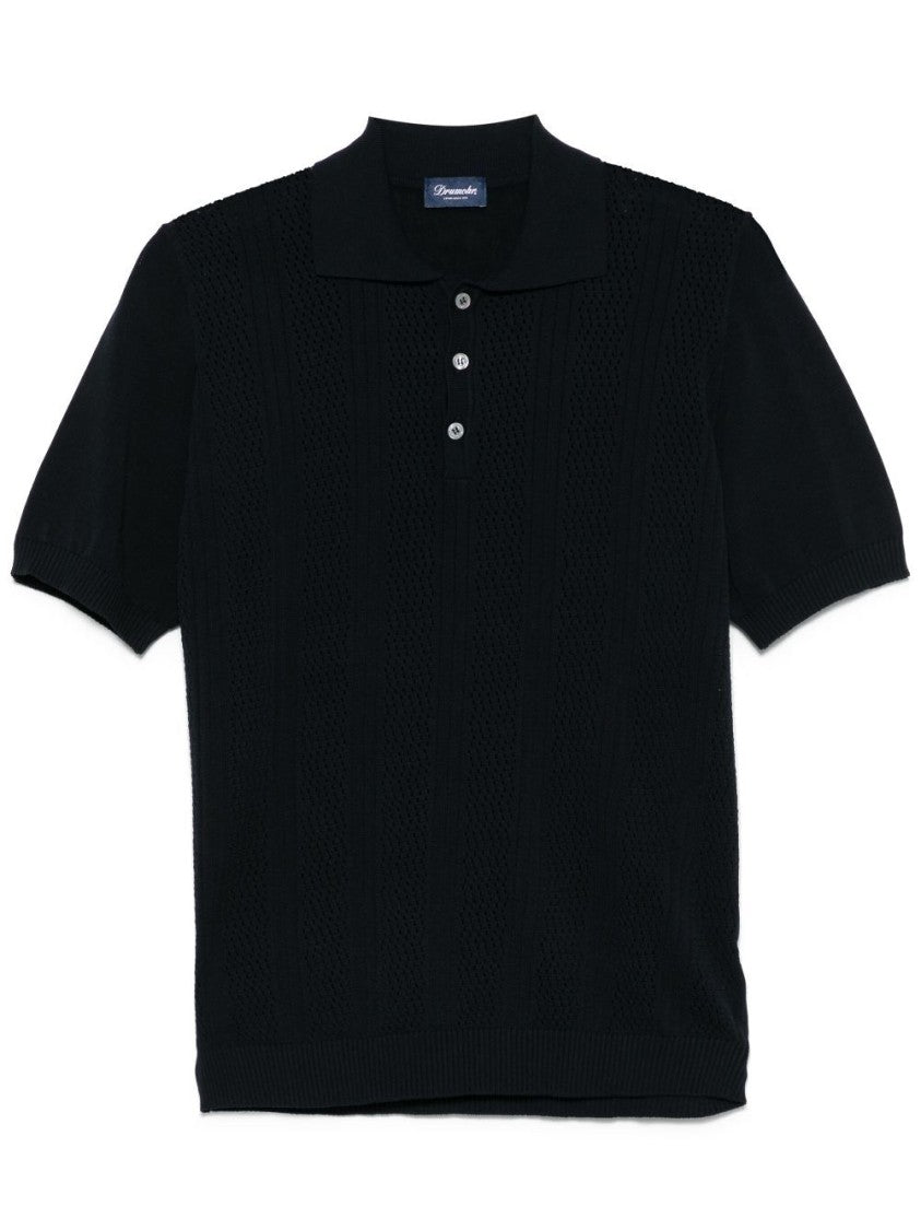 Drumohr Textured Knit Black Polo Shirt