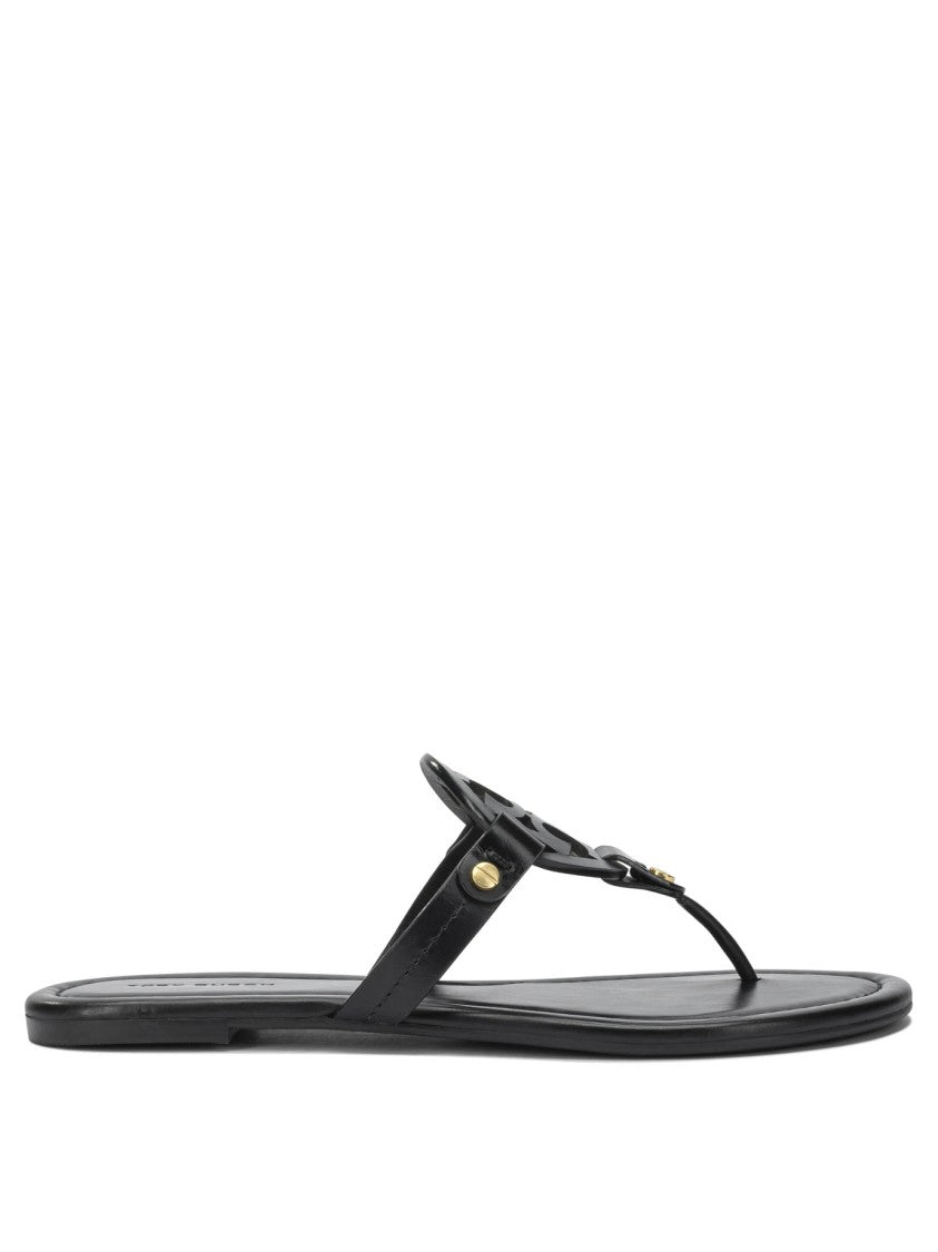 Tory Burch Cut-Out Circular Emblem Leather Sandals