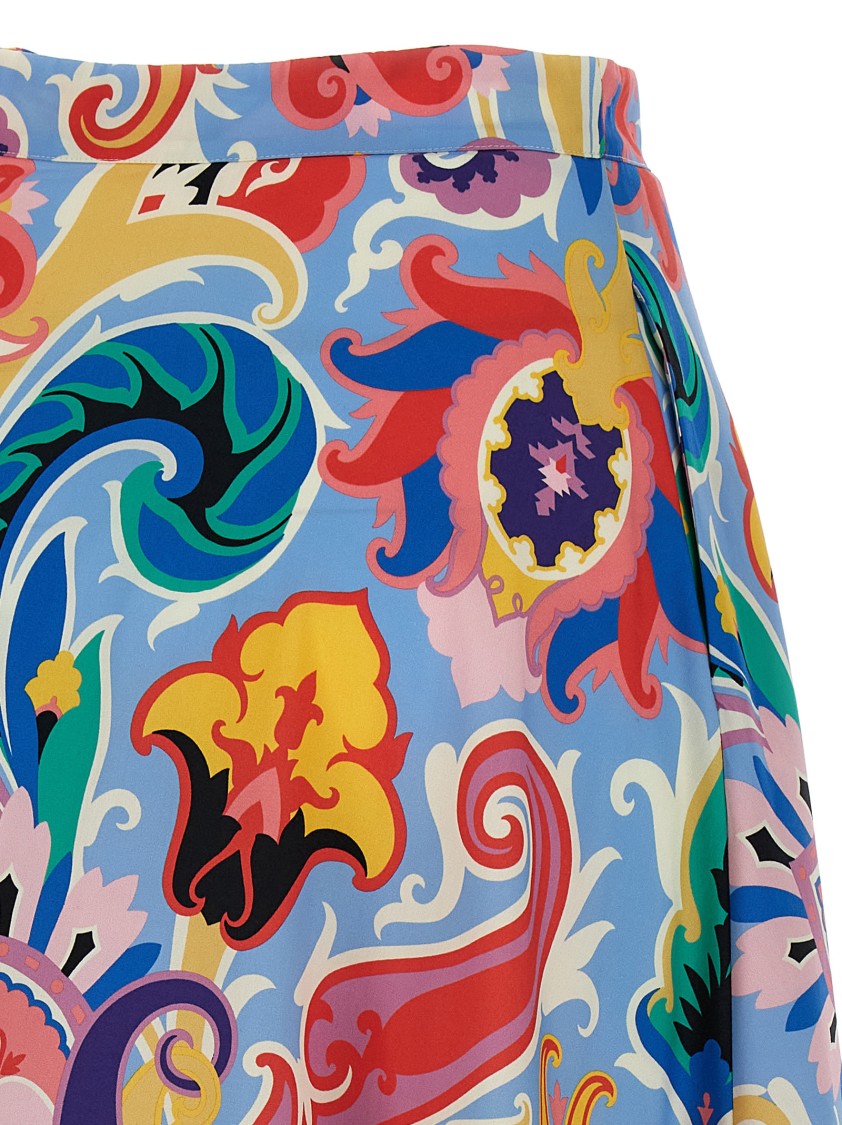 Etro Vibrant Paisley Print Cotton Skirt With Side Flounces And Button Closure
