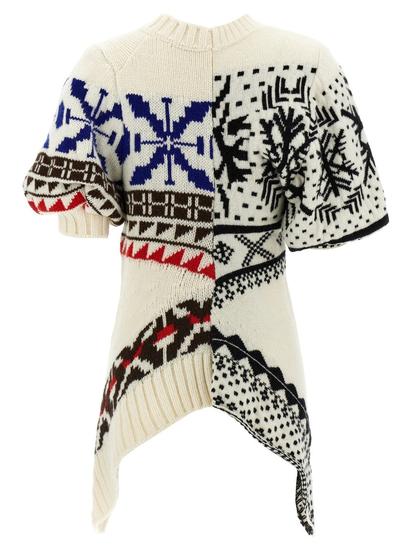 Sacai Wool Blend Jacquard Sweater With Asymmetrical Hem And Puff Sleeves