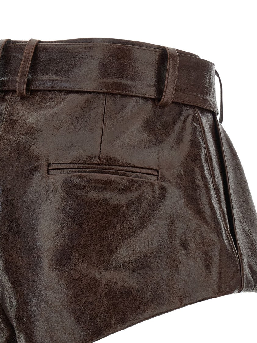 Magda Butrym Craquelé Shiny Leather High-Waisted Shorts With Flared Silhouette