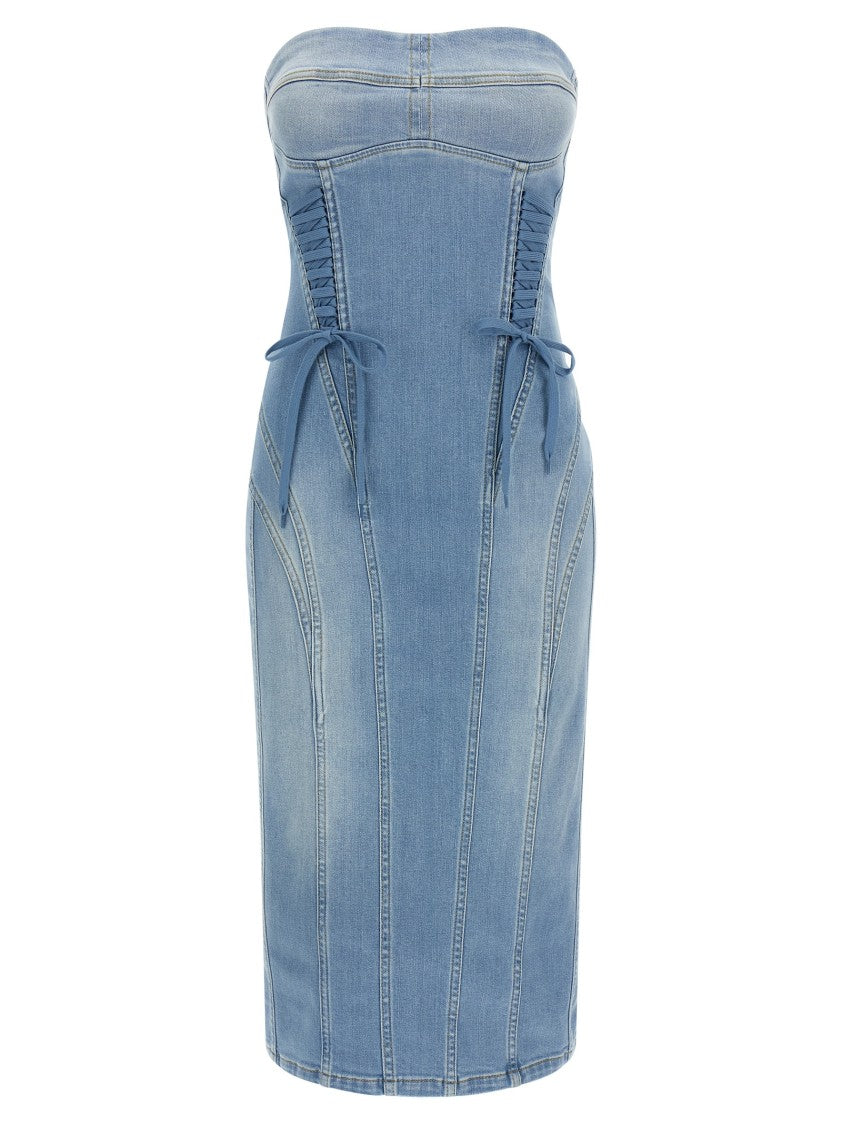 Elisabetta Franchi Stonewashed Cotton Denim Midi Dress With Off-The-Shoulder Neckline