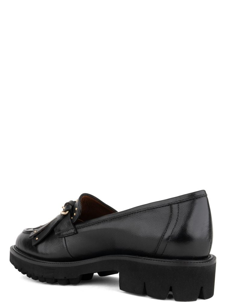 Adrianna Feretti Black Textured Gold-Tone Chain Leather Loafers