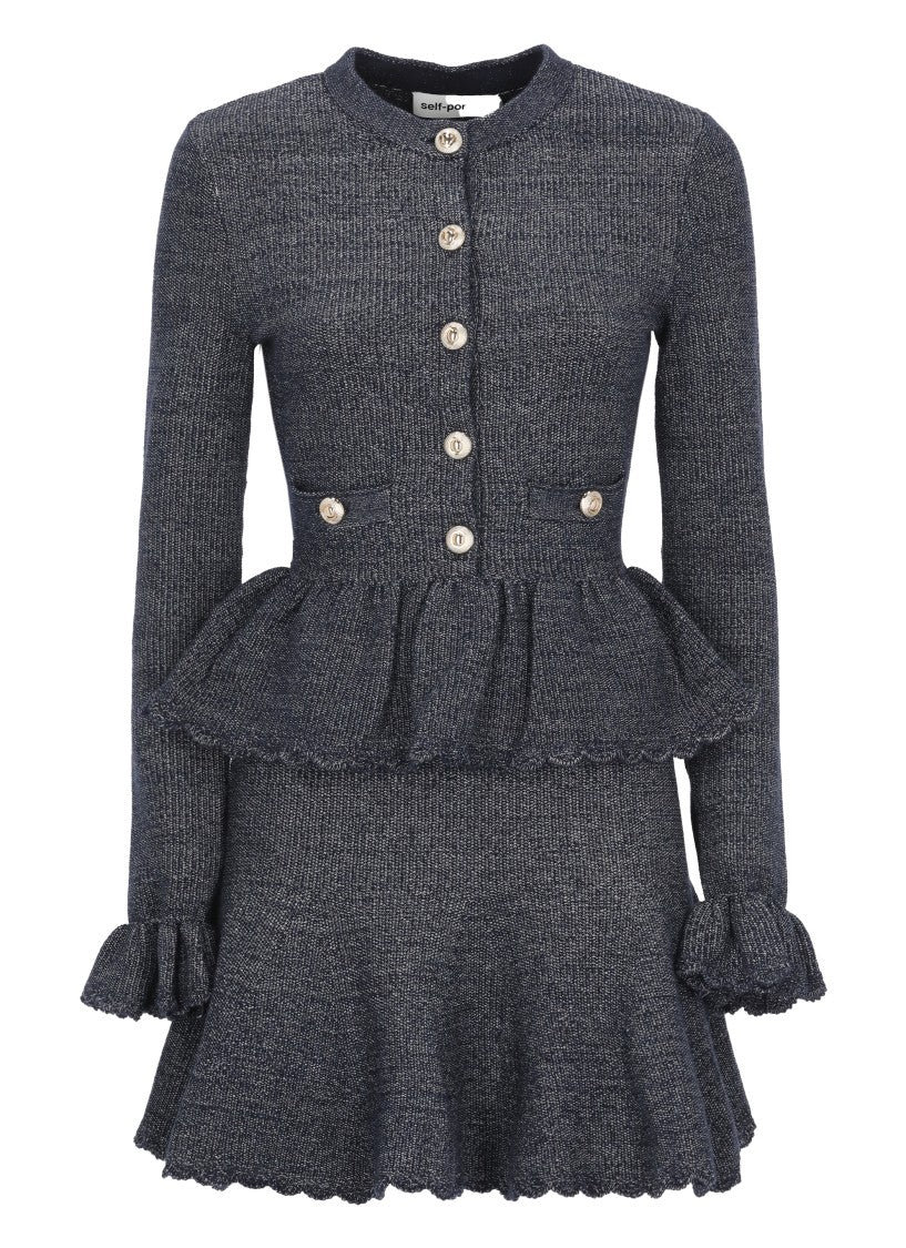 Self-Portrait Textured Knit Midi Dress With Ruffled Cuffs And Flared Skirt