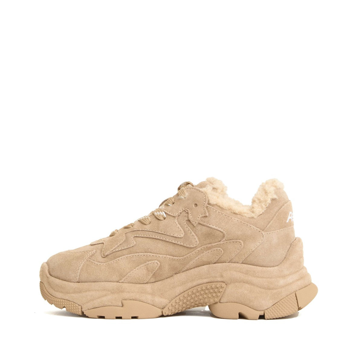 Ash Beige Suede Sneakers With Plush Faux Fur Lining