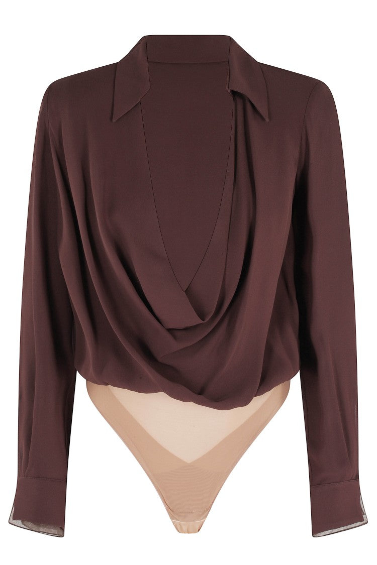 Elisabetta Franchi Brown Organza-Inserts Padded-Shoulders Viscose Bodysuit