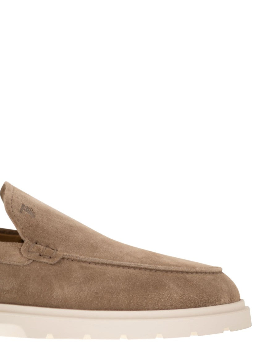 Tod's Brown Suede Slipper Moccasin With Embossed Monogram