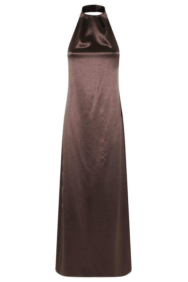 Alysi Shiny Halter Brown Flared Maxi Dress