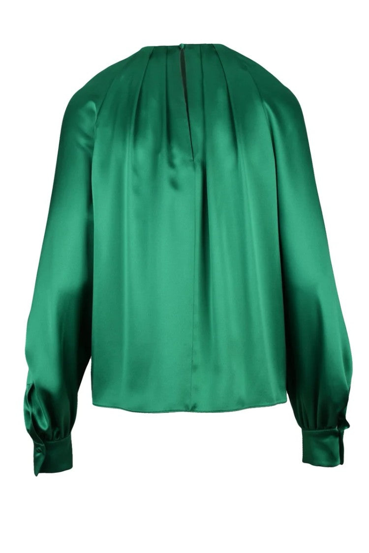 Max Mara Green Key Puff Sleeve Silk Blouse