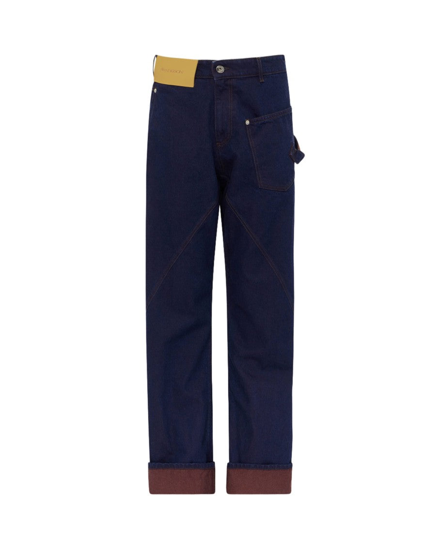 J. W. Anderson Twisted Blue Denim Workwear Pants With Contrast Turn-Up Cuffs