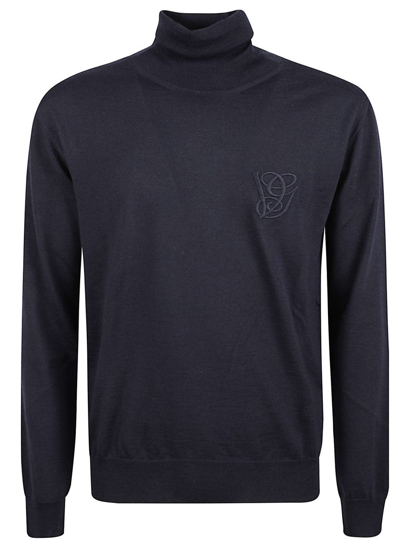 Valentino Garavani Dark Blue Turtleneck Sweater With Embroidered Logo