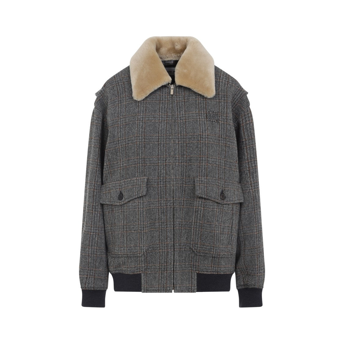 Miu Miu Grey Shearling-Collared Jacket With Classic Check Pattern
