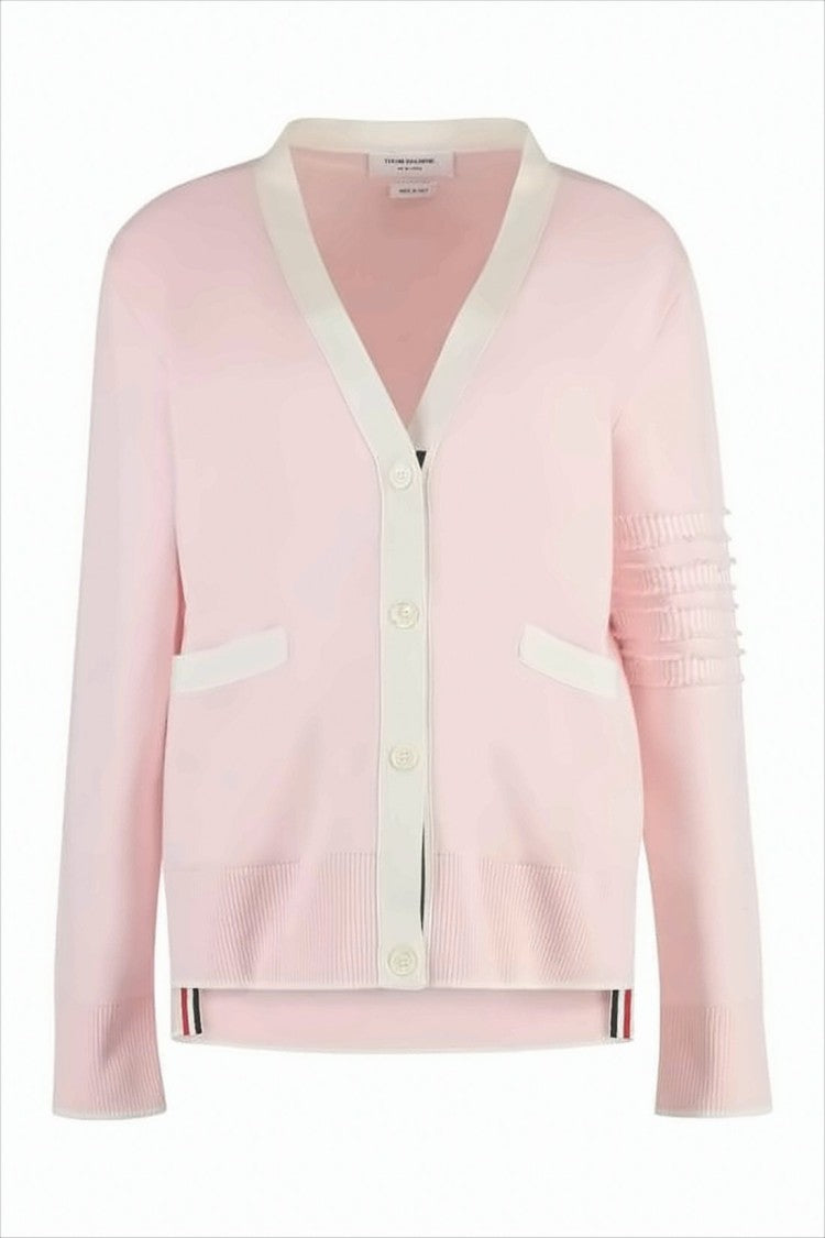 Thom Browne Soft Pink Cardigan With White Trim And Cropped Fit