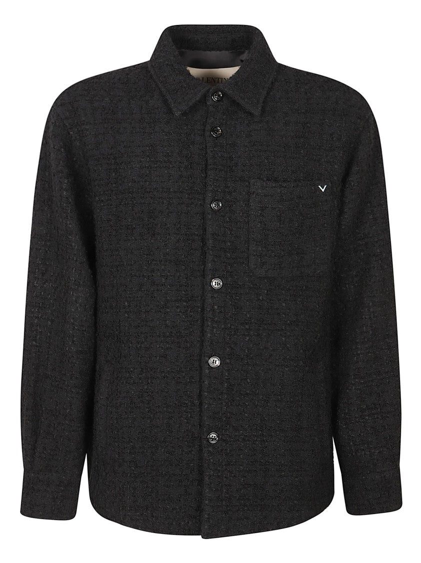 Valentino Garavani Textured Black Coat With Classic Collar And Subtle Checkered Pattern