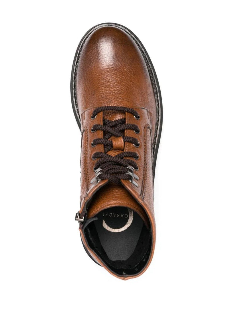 Casadei Textured Brown Leather Casual Ankle Boots With Rugged Sole