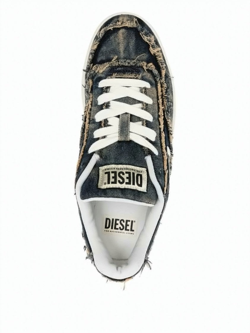 Diesel Distressed Denim Low-Top Sneakers With Unique Stitching Details