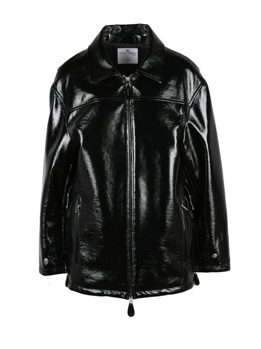 Courrèges Patent Finish Black Jacket With Zippered Pockets And Structured Collar