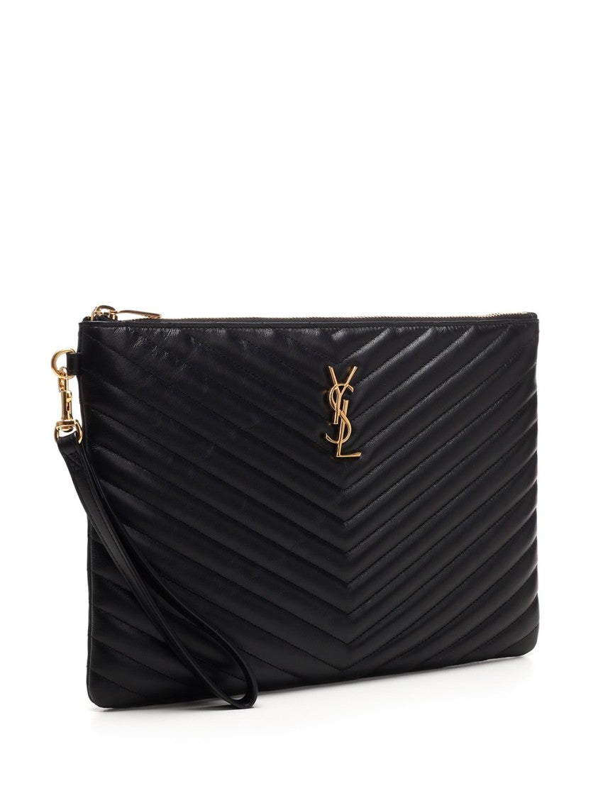 Saint Laurent Chevron Quilted Leather Clutch With Wrist Strap