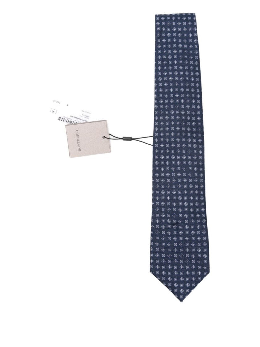 Corneliani Silk Tie With Geometric Pattern In Deep Blue