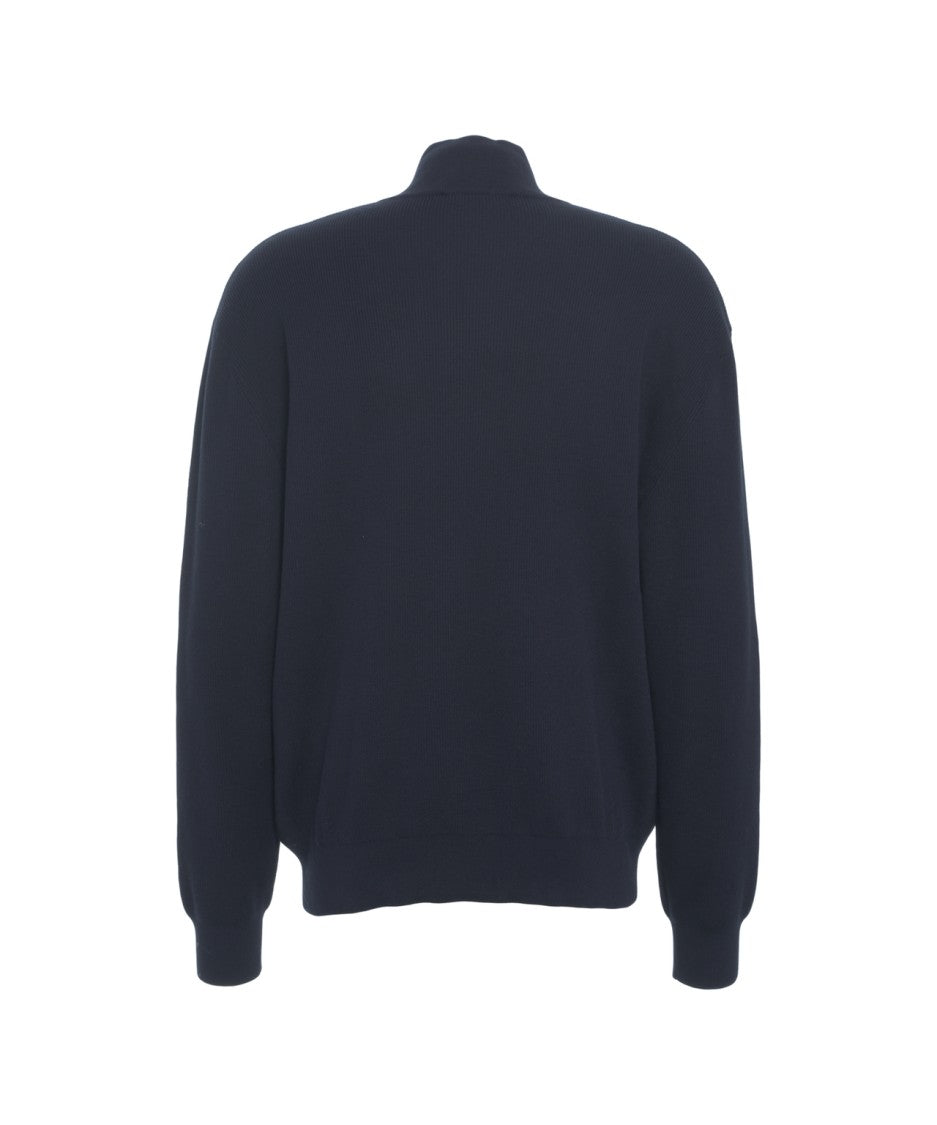 Closed Ribbed Knit Sweater With High Collar And Half-Zip Closure