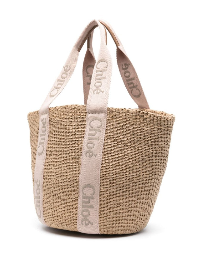 Chloé Woven Logo Print Handles Spacious Fabric Tote Bag
