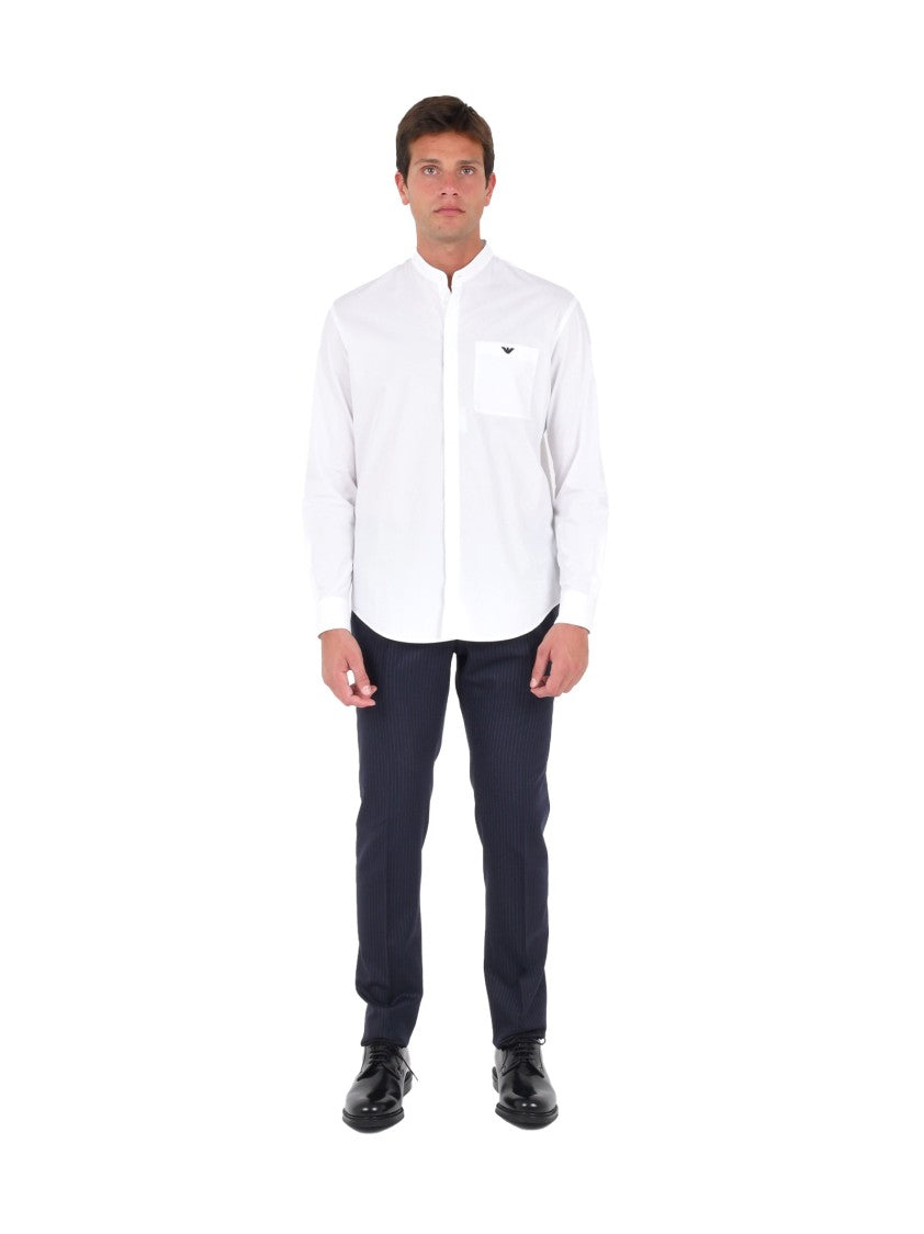 Emporio Armani Mandarin Collar White Shirt With Contrasting Logo