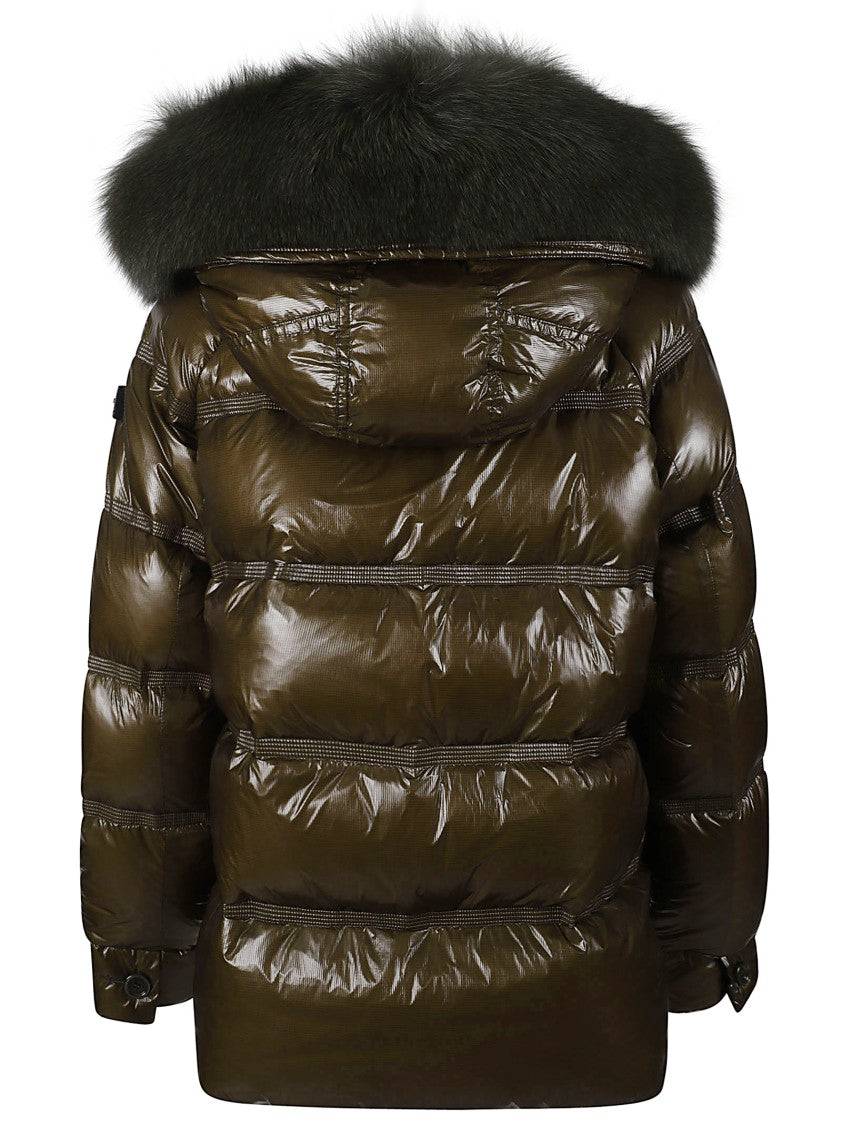 Peuterey Glossy Dark Green Padded Jacket With Fur-Trimmed Hood