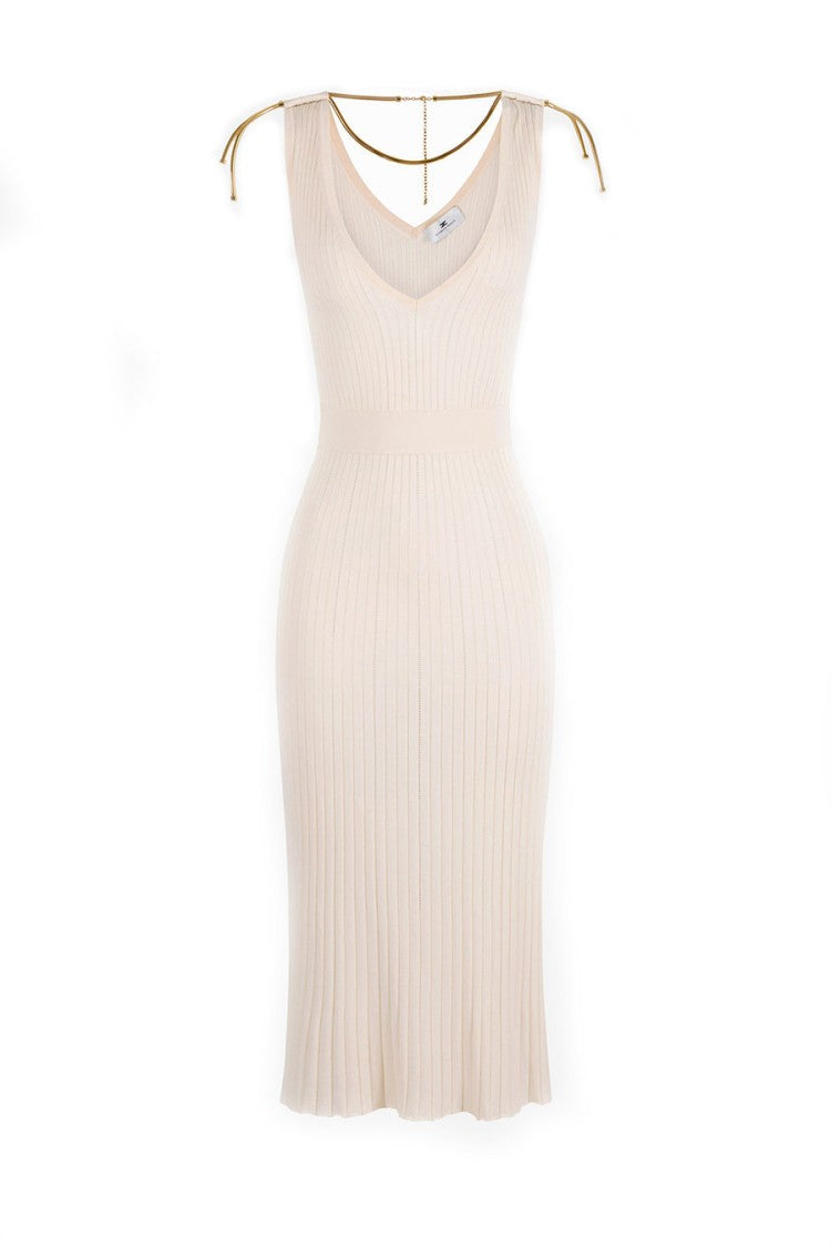 Elisabetta Franchi Butter V-Neck Ribbed Chain Tie Straps Viscose-Blend Midi Dress