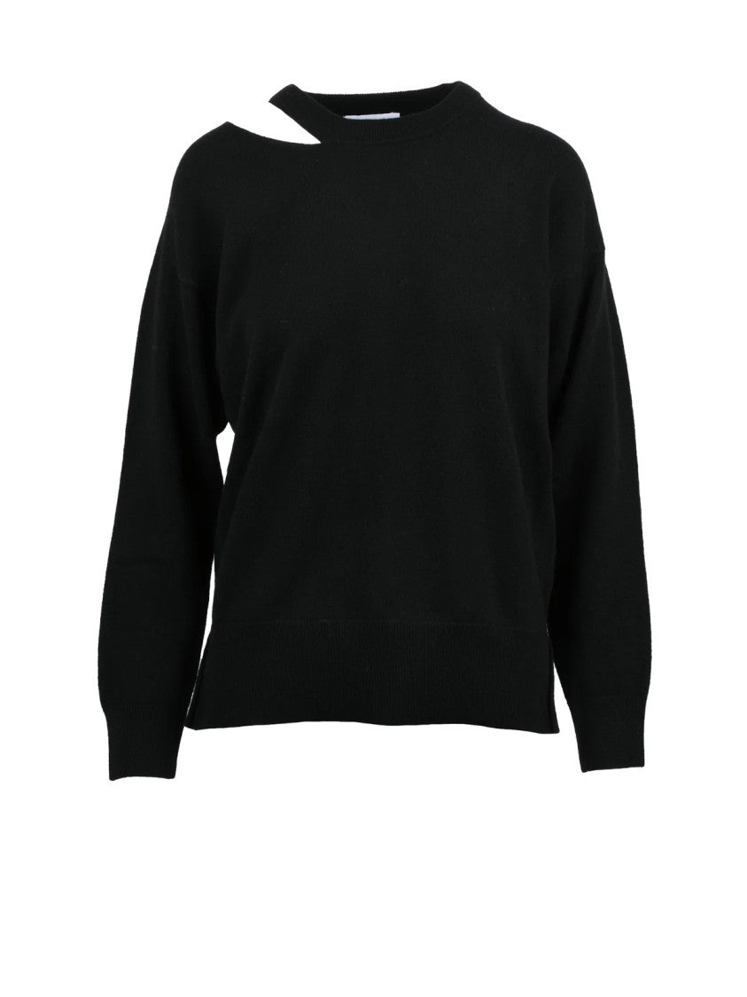 Alpha Studio Crew-Neck Black Sweater With Asymmetrical Cutout Detail