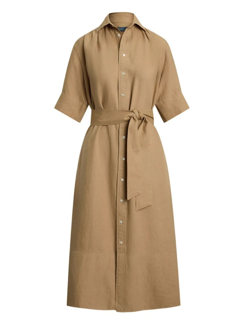 Polo Ralph Lauren Linen Midi Dress With Button-Down Front And Fabric Belt