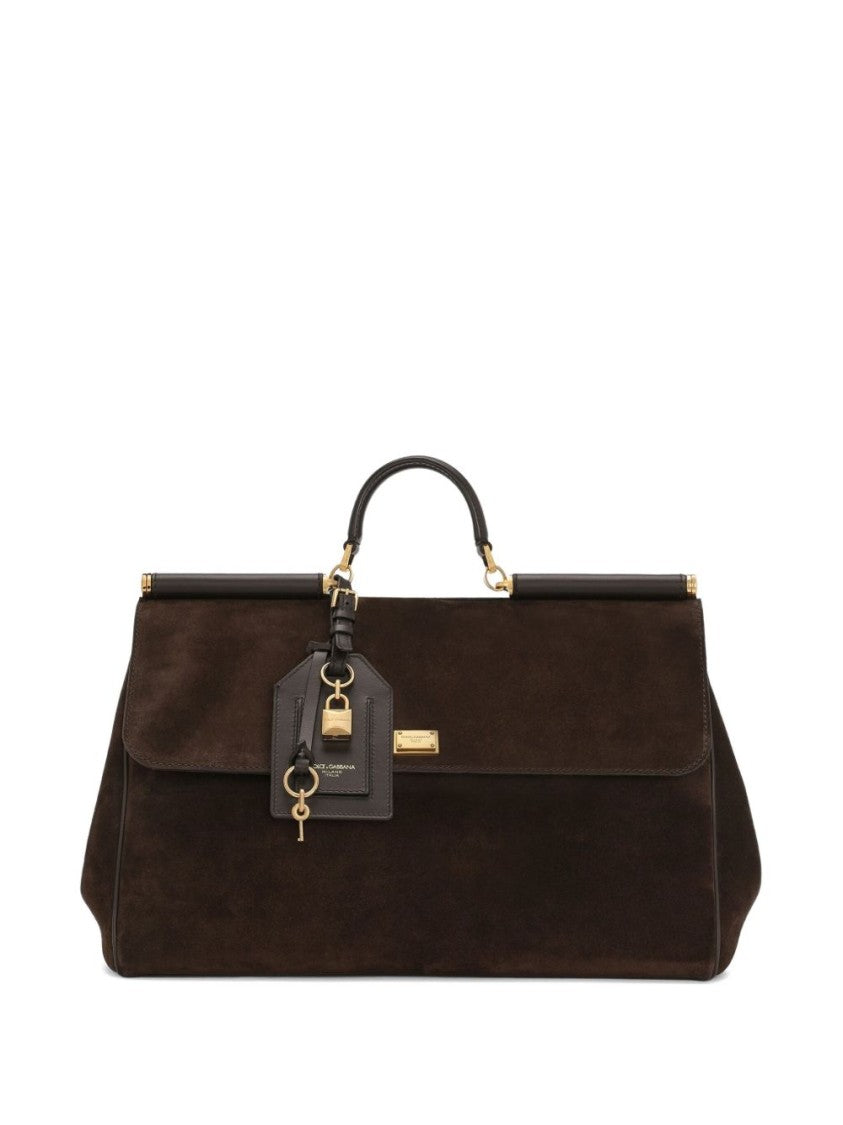 Dolce & Gabbana Structured Brown Suede Handbag With Gold-Tone Lock