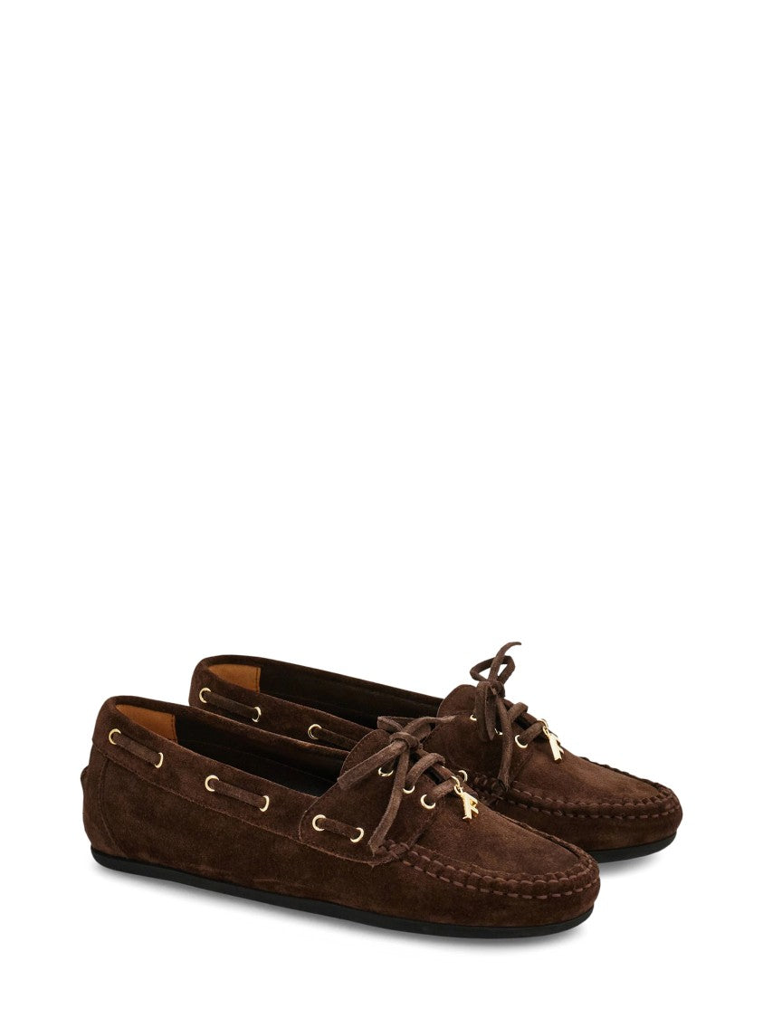 Ferragamo Moccasin-Inspired Brown Suede Flats With Gold-Tone Eyelets