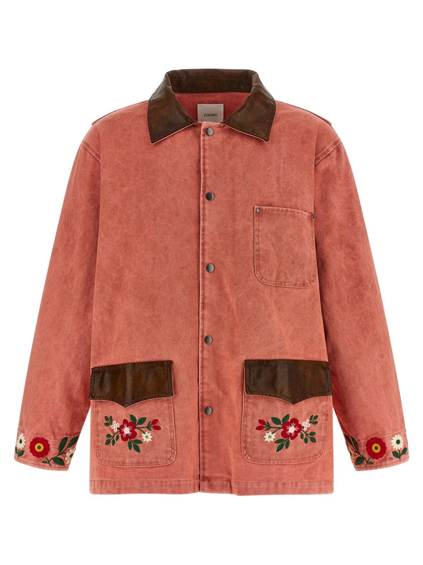 Found Vintage Effect Canvas Jacket With Floral Embroidery And Leather Accents