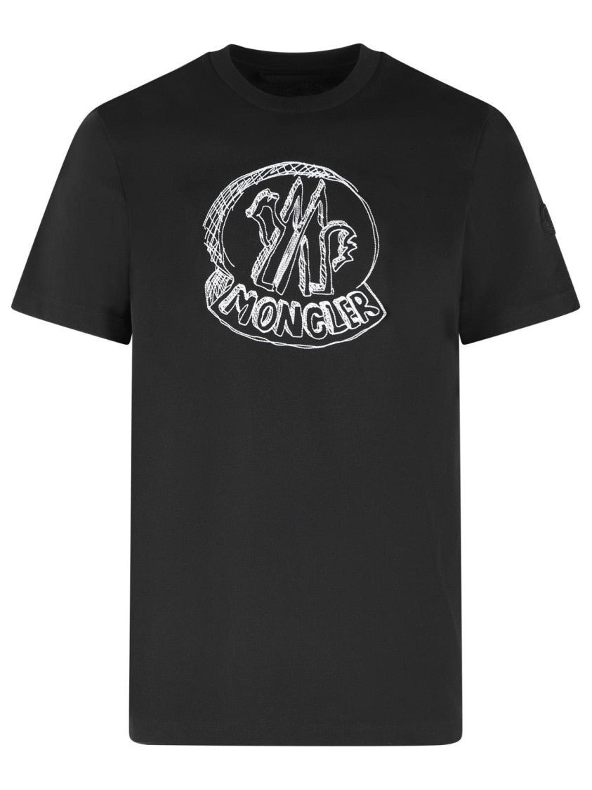 Moncler Black Cotton T-Shirt With Ribbed Crew Neck And Embroidered Detail