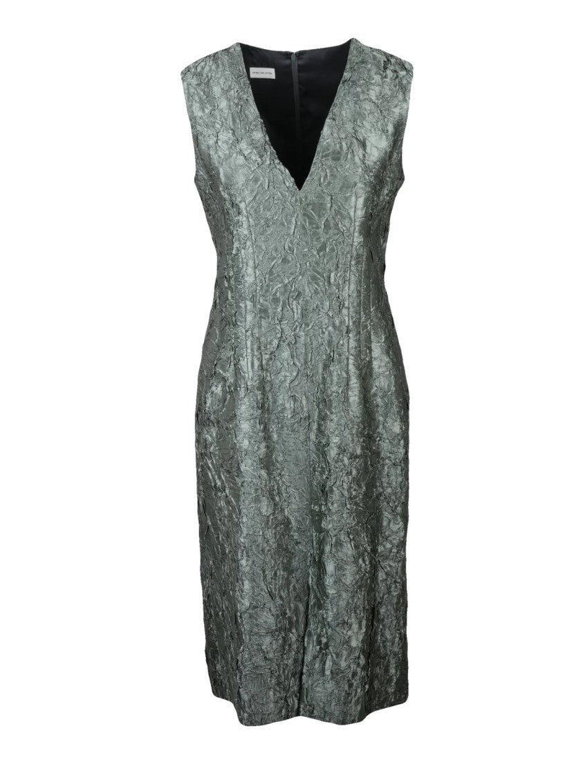 Dries Van Noten Sage Green Deep V-Neck Viscose-Blend Midi Dress