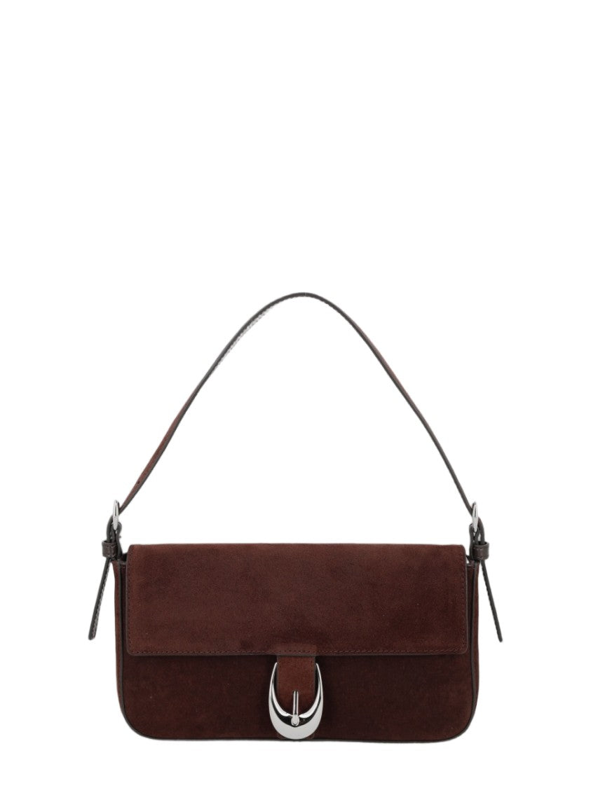 Staud Sleek Rectangular Brown Suede Shoulder Bag With Silver-Tone Buckle