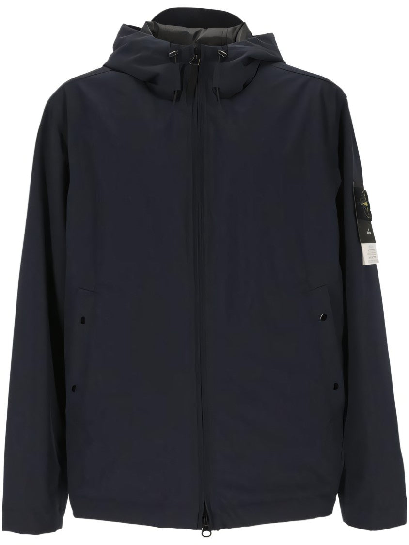 Stone Island Modern Black Leather Jacket With Hood And Zip Closure