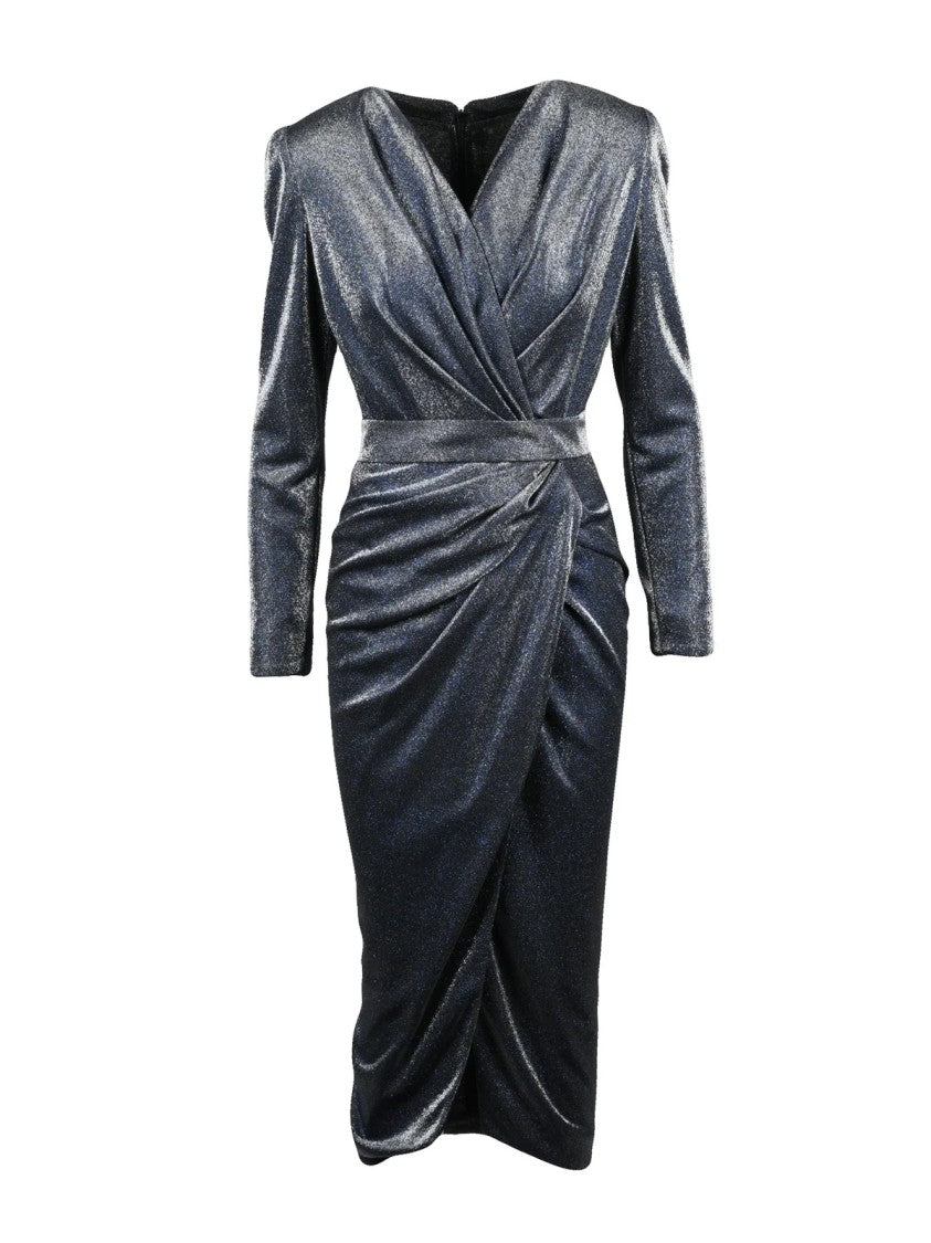 Rhea Costa Blue Polyamide Ruched Wrap Long Dress