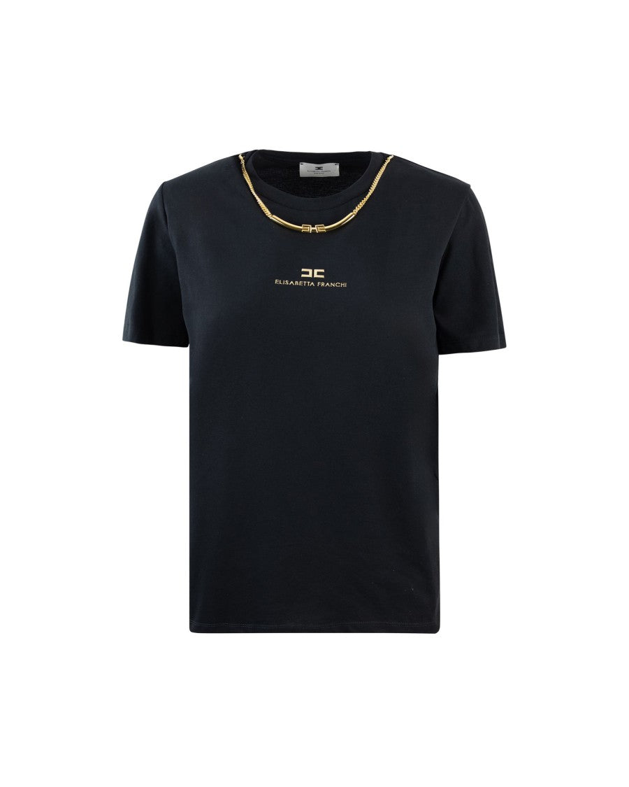 Elisabetta Franchi Black Cotton Jersey T-Shirt With Necklace Detail
