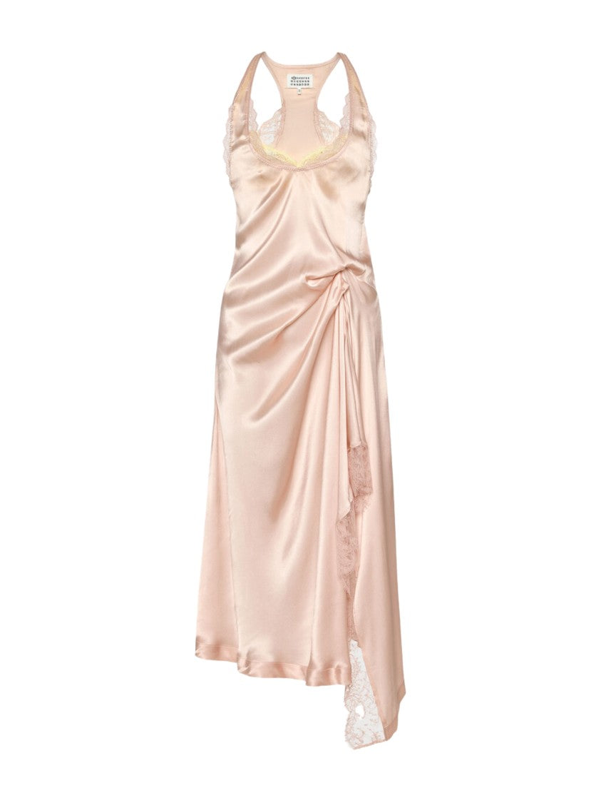 Maison Margiela Pink Lace Trim Silk Satin Midi Dress