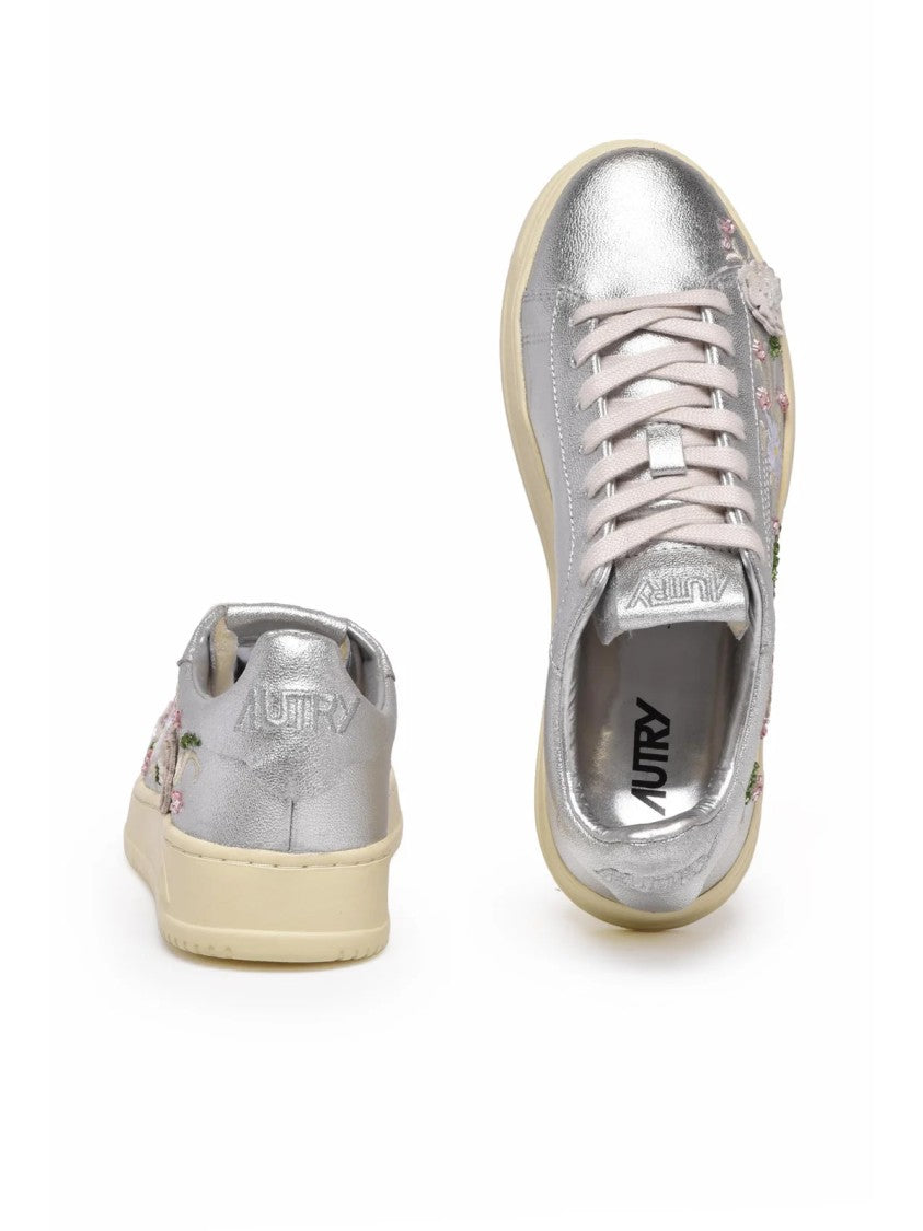 Autry Silver Floral Embroidery Leather Low-Top Sneakers