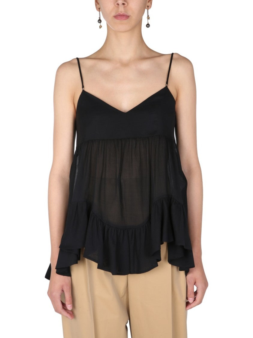 Alexander Mcqueen V-Neck Semi-Transparent Ruffled Cotton-Blend Tank Top