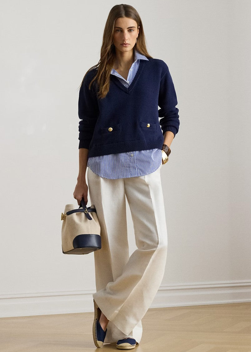 Lauren Ralph Lauren Blue Combed Cotton Pullover Sweater