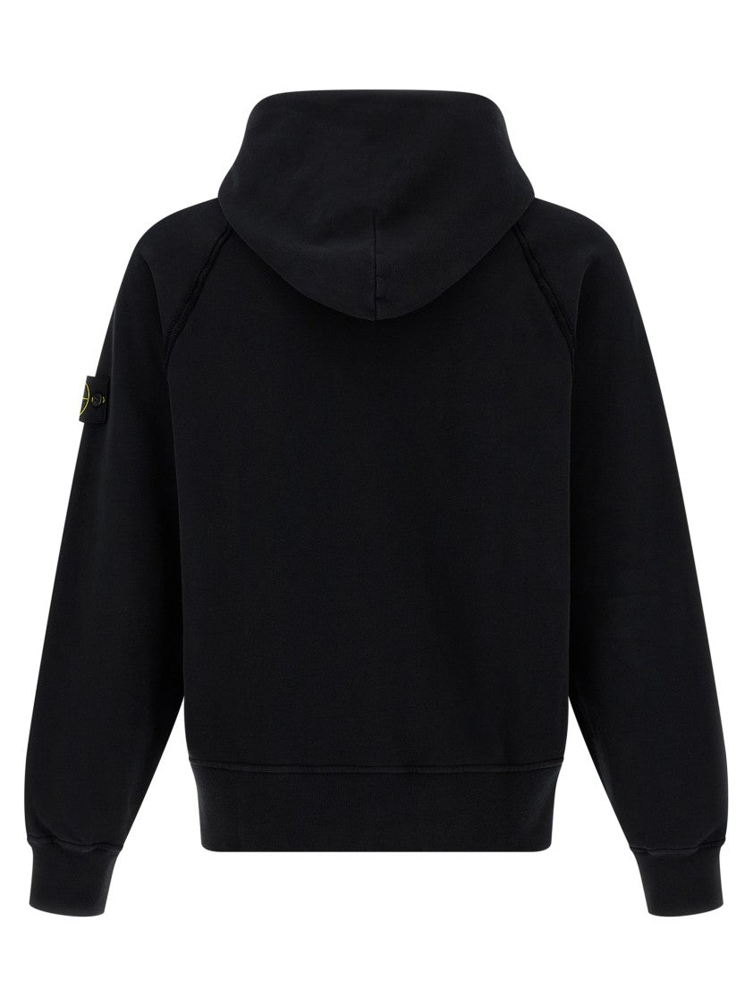 Stone Island Logo Badge Fleece Cotton Hoodie With Ribbed Inserts