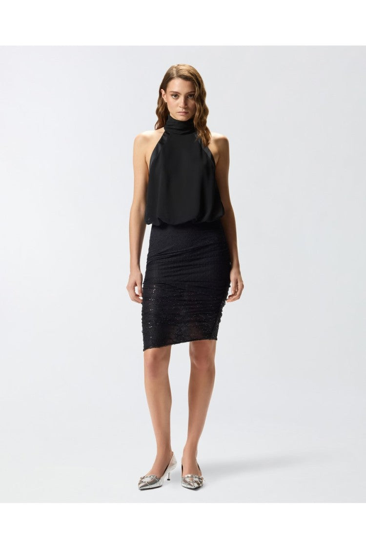 Pinko Black Nylon Sequin-Embellished Ruched Midi Skirt