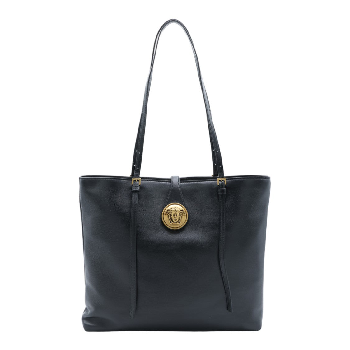 Versace Black Gold Medallion Structured Leather Tote Bag