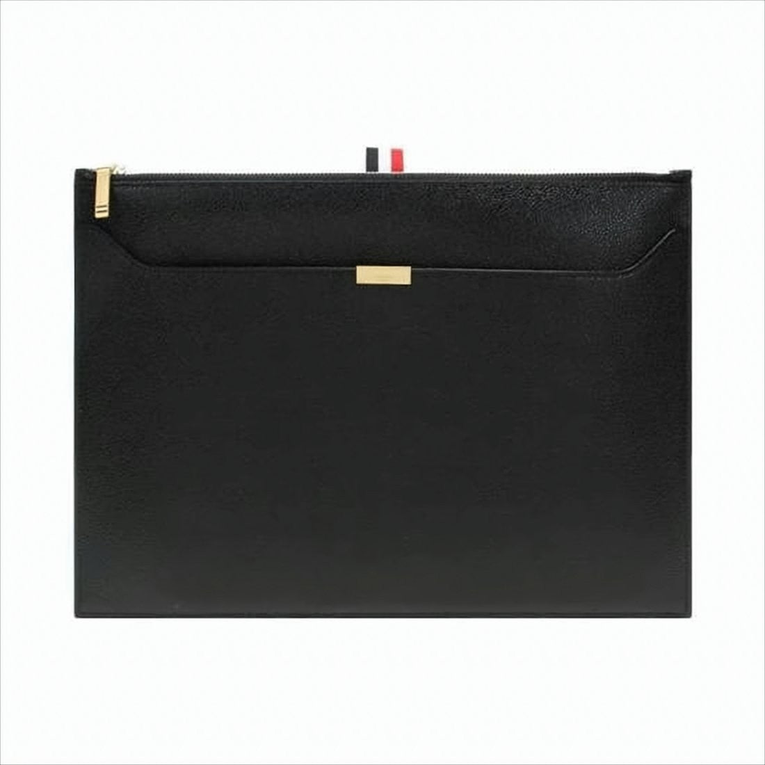 Thom Browne Textured Leather Clutch With Gold-Zipper Closure And Tricolor Accents
