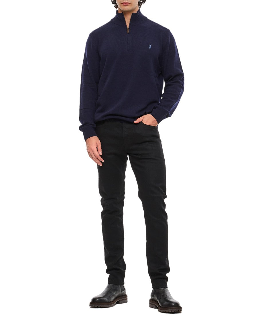 Polo Ralph Lauren Blue Ribbed Trim Merino Wool Half-Zip Sweater