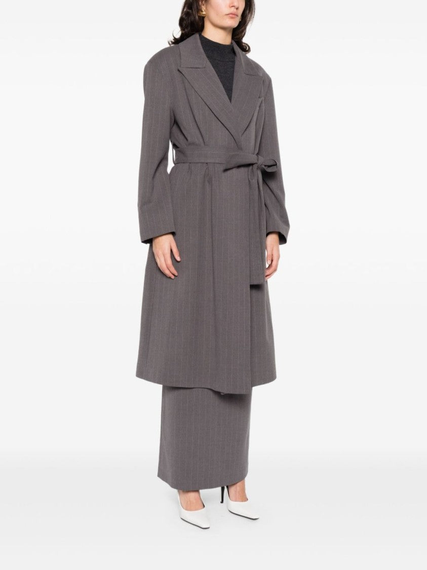 The Nina Studio Pinstripe Belted Coat With Peak Lapels And Tailored Silhouette