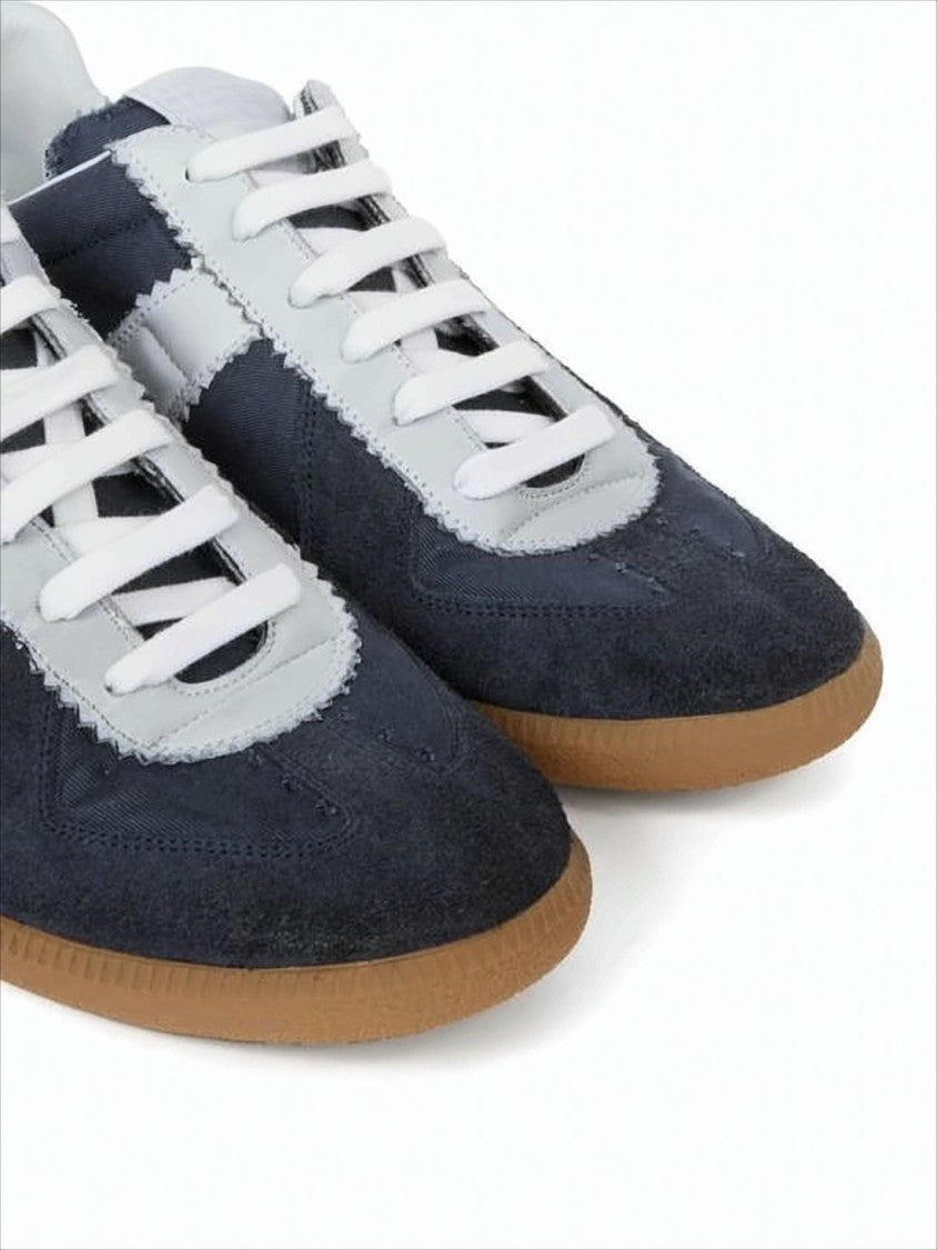 Maison Margiela Low-Top Navy Blue Suede Sneakers With White Leather Accents